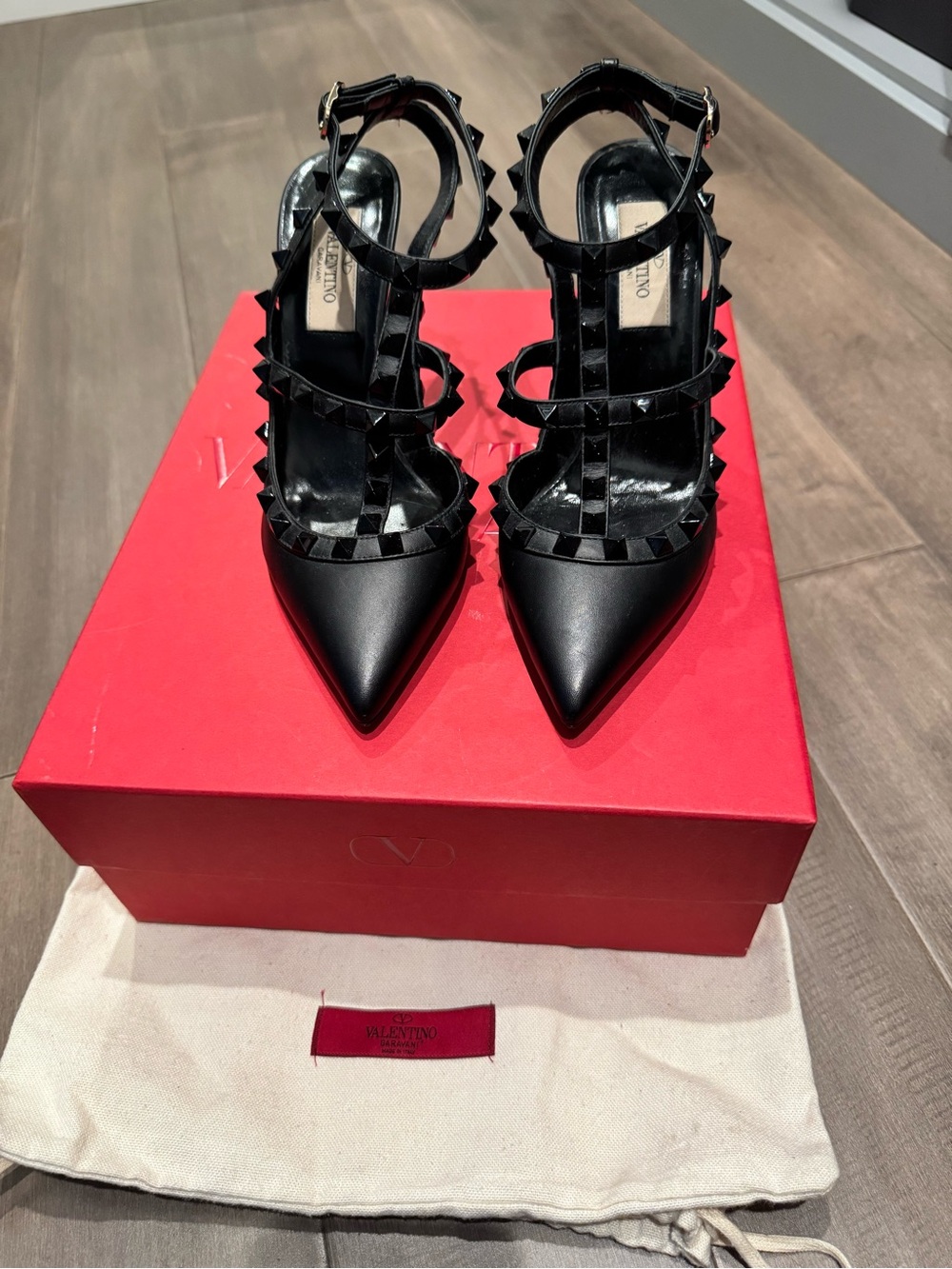 Valentino Garavani Black Rockstud Pointed Toe Strappy Pumps